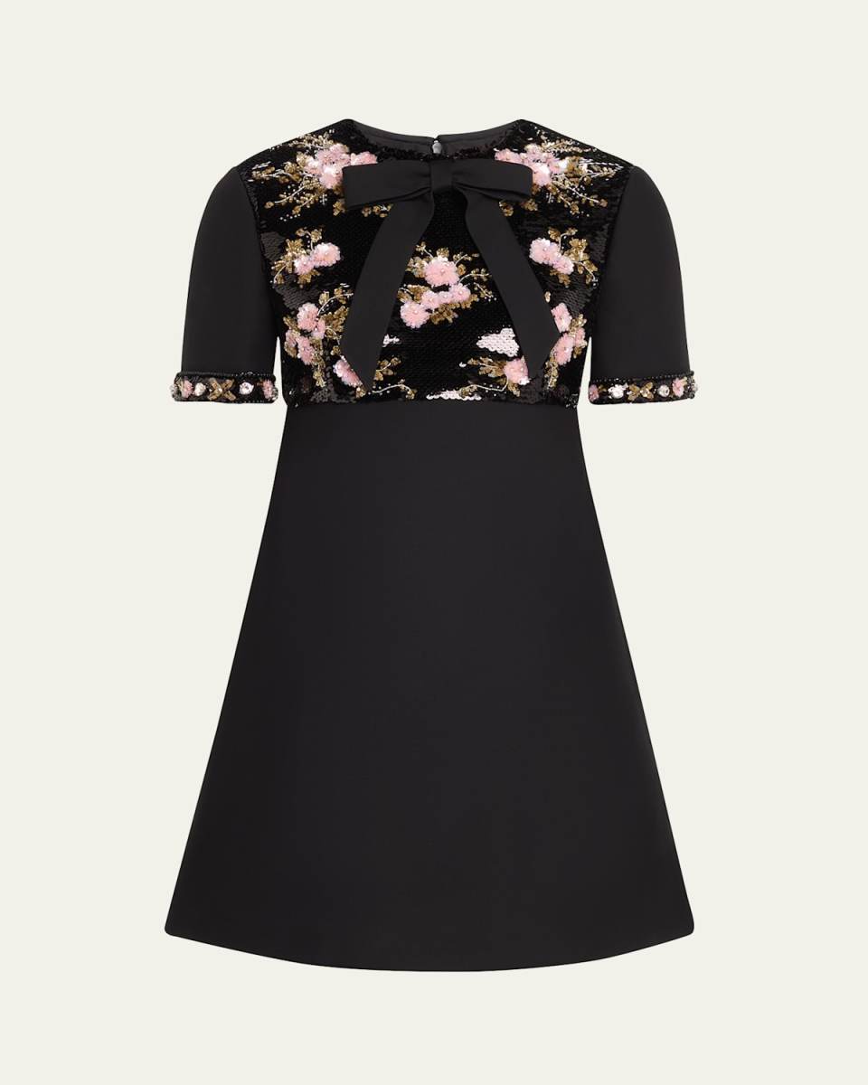Floral Sequined Bow-Neck Mini Dress